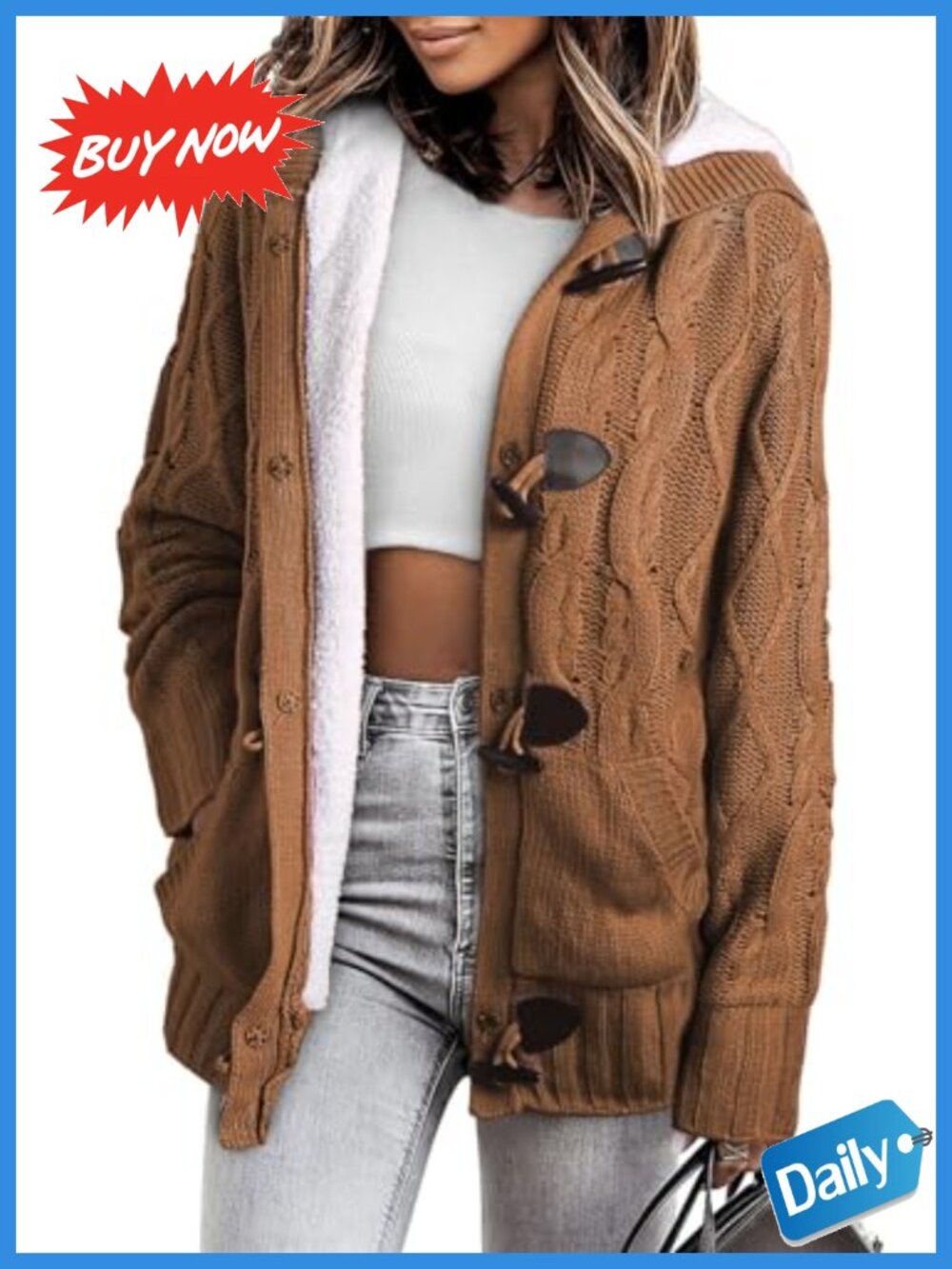 Fleece Lined Hooded Cardigan Button Down Winter Sweater Coat